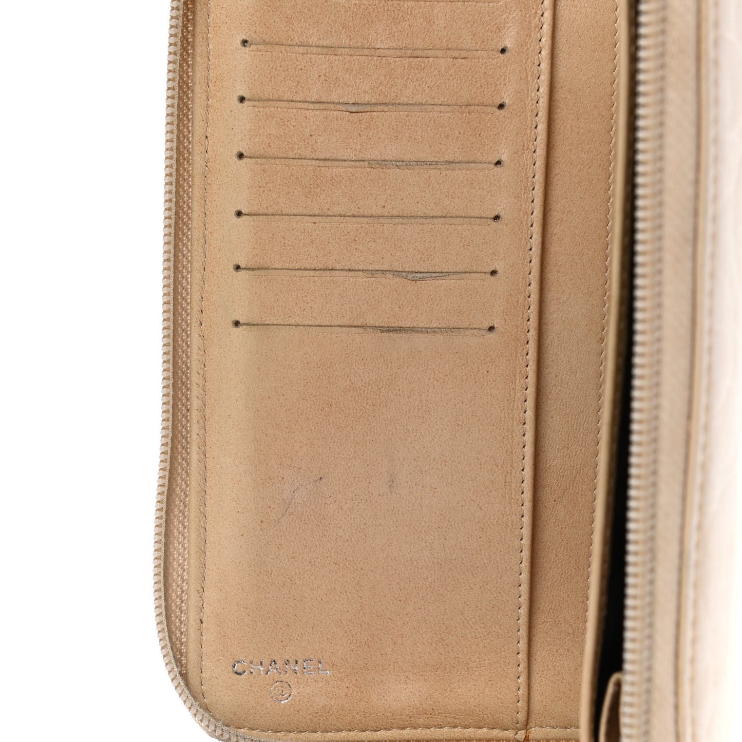 Lambskin Camellia Embossed Zip Around Organizer Wallet Light Beige