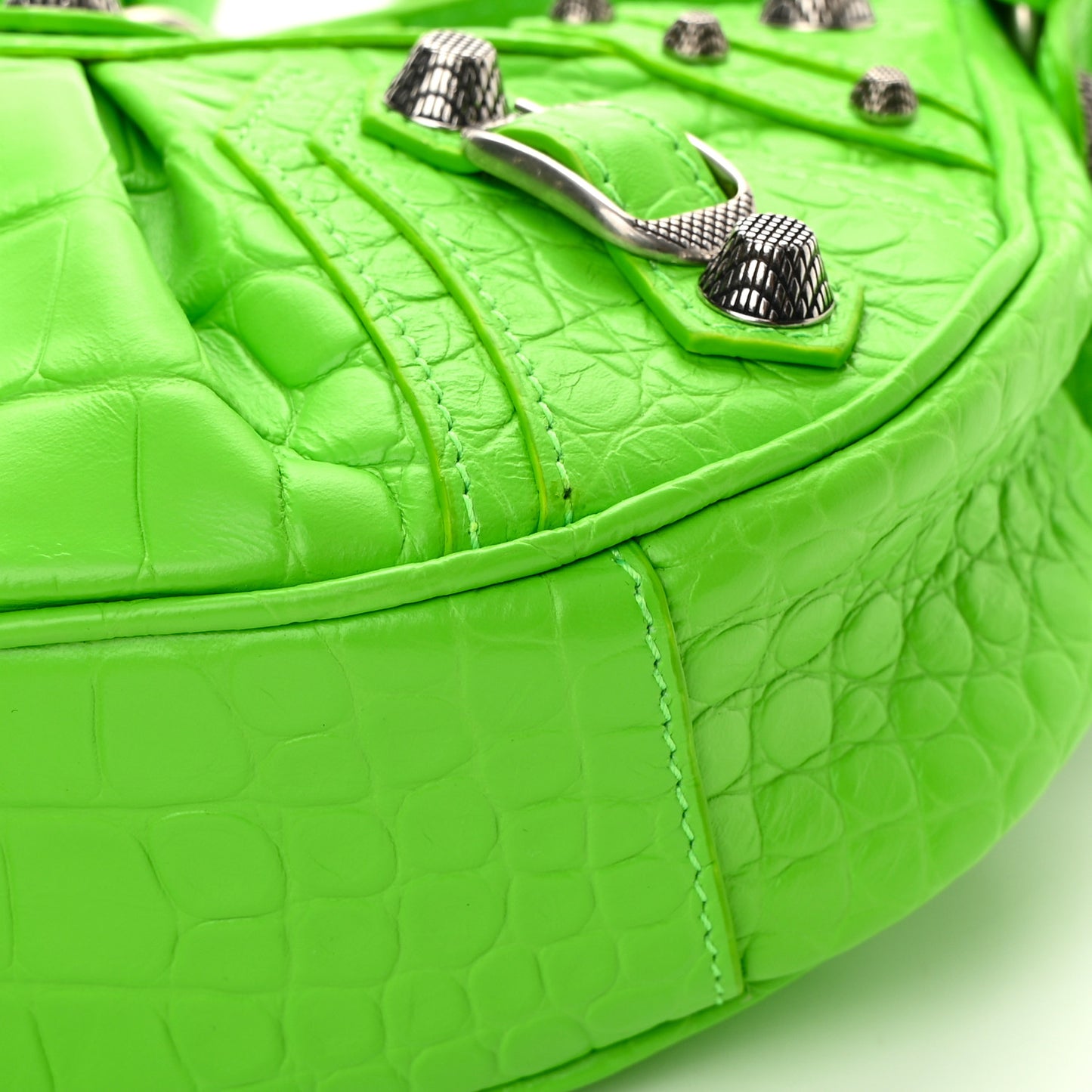 Extra Supple Calfskin Crocodile Embossed Le Cagole Shoulder Bag XS Acid Green