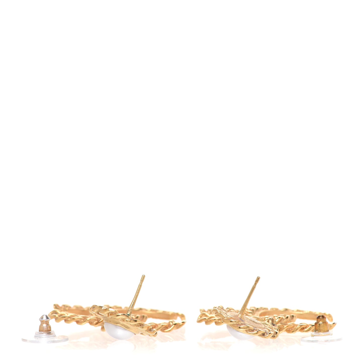 Metal Pearl CC Chain Drop Earrings Gold