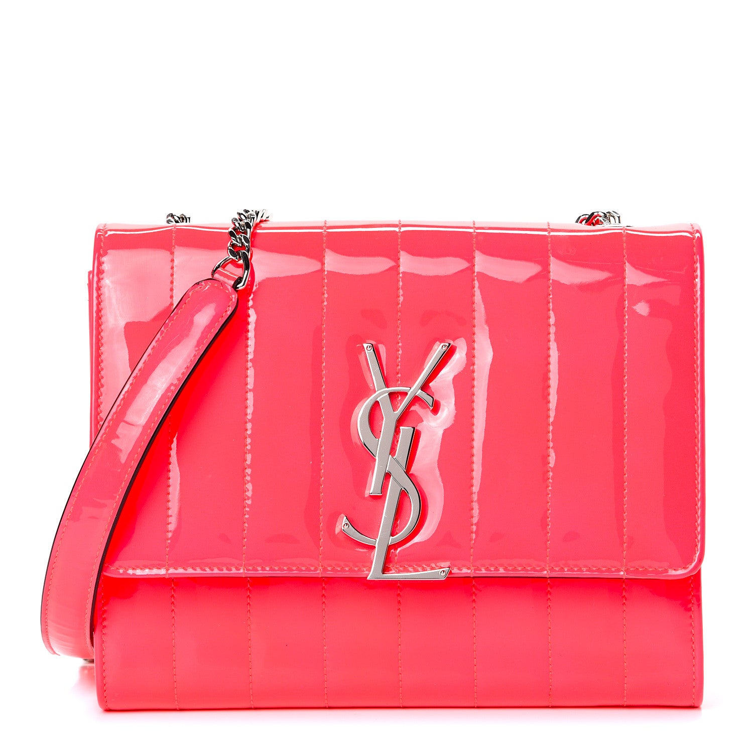 Saint Laurent Patent Calfskin Matelasse Monogram Vicky Chain Wallet Neon Pink 1 of 11