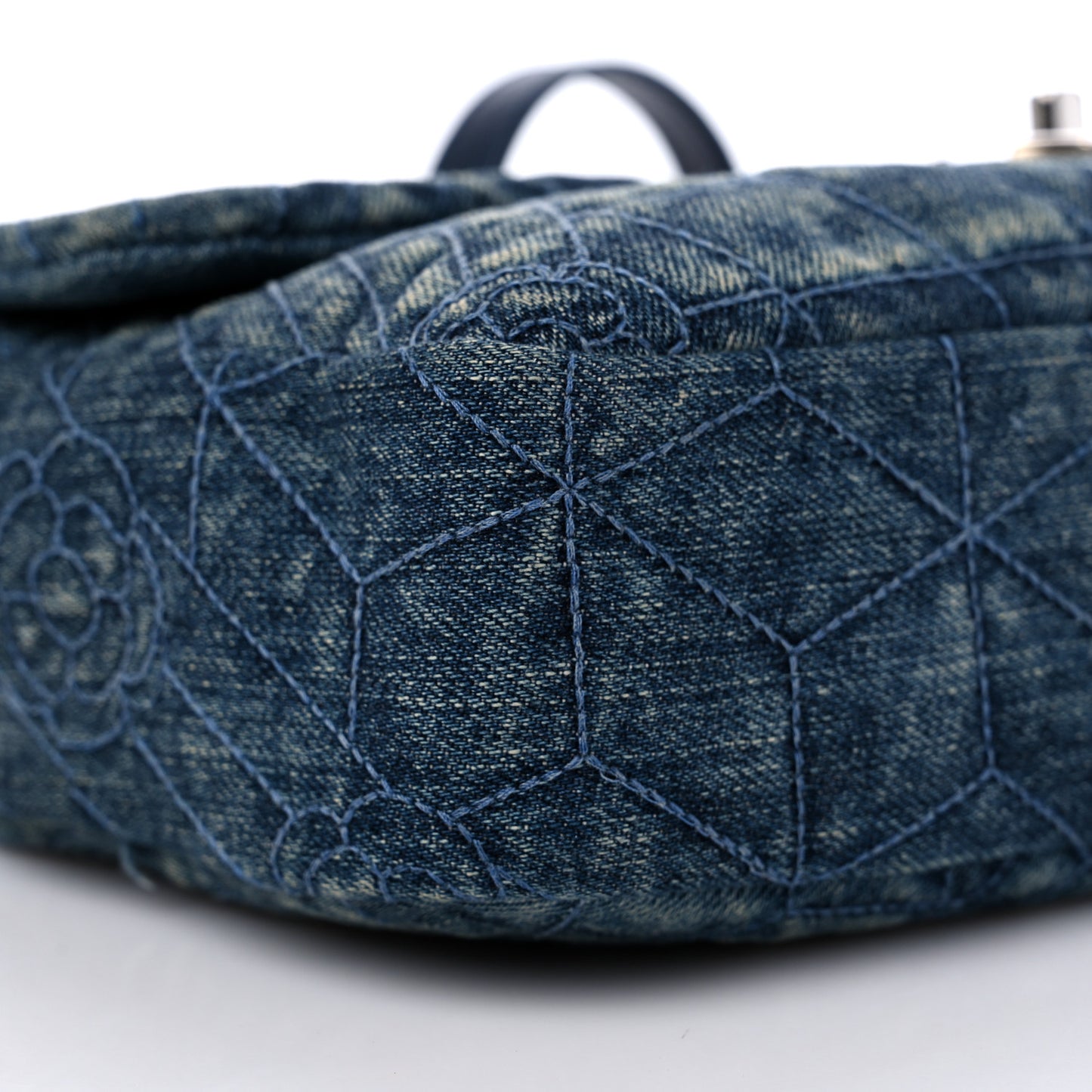 Denim Quilted Camellia Embroidered Medium Flap Blue