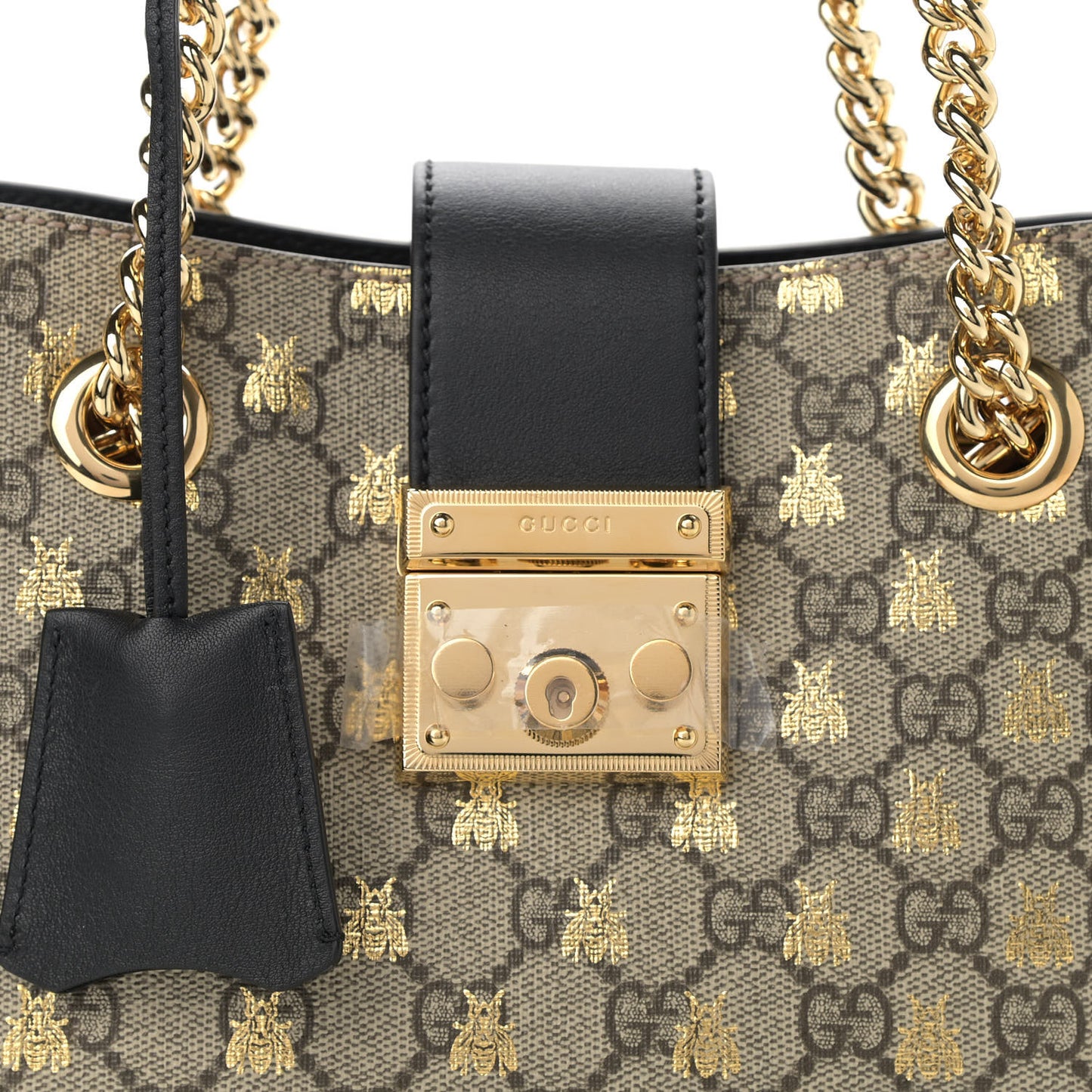 GG Supreme Monogram Bees Small Padlock Tote Beige Oro Black