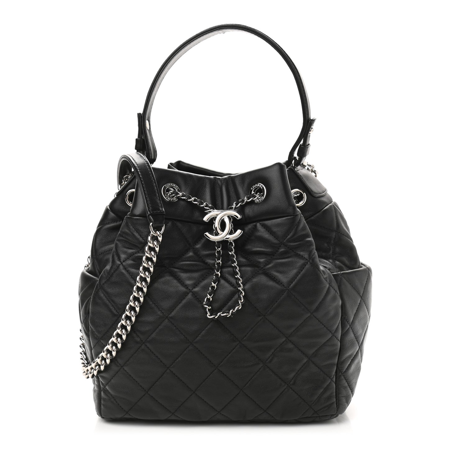 Lambskin Quilted CC Chain Drawstring Tote Black