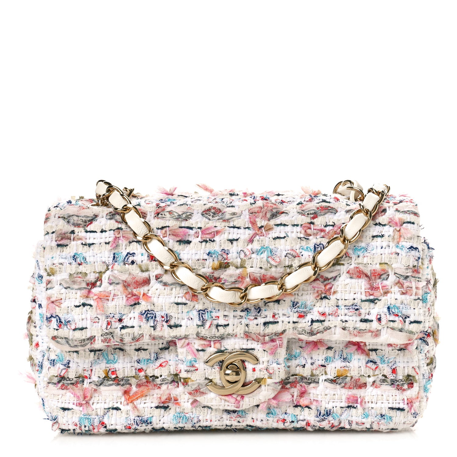 Chanel Tweed Quilted Mini Rectangular Flap Ecru Pink Blue Green 1 of 11