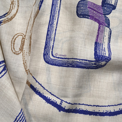 Hermes Cashmere Silk Inventaire Poetique Pour Un Conte Shawl 140 White Blue Vert Naturel Indigo Violet 4 of 5