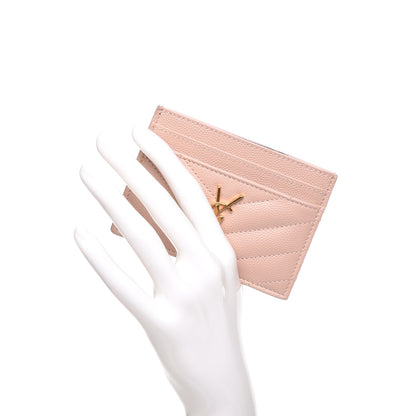Saint Laurent Grain De Poudre Matelasse Chevron Monogram Credit Card Case Pale Pink 2 of 8