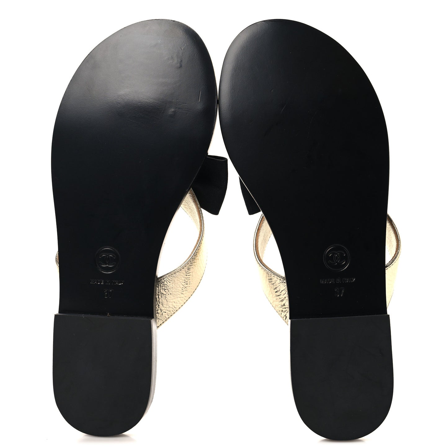 Metallic Laminated Goatskin Grosgrain Bow Pearl Thong Sandals 37 Gold