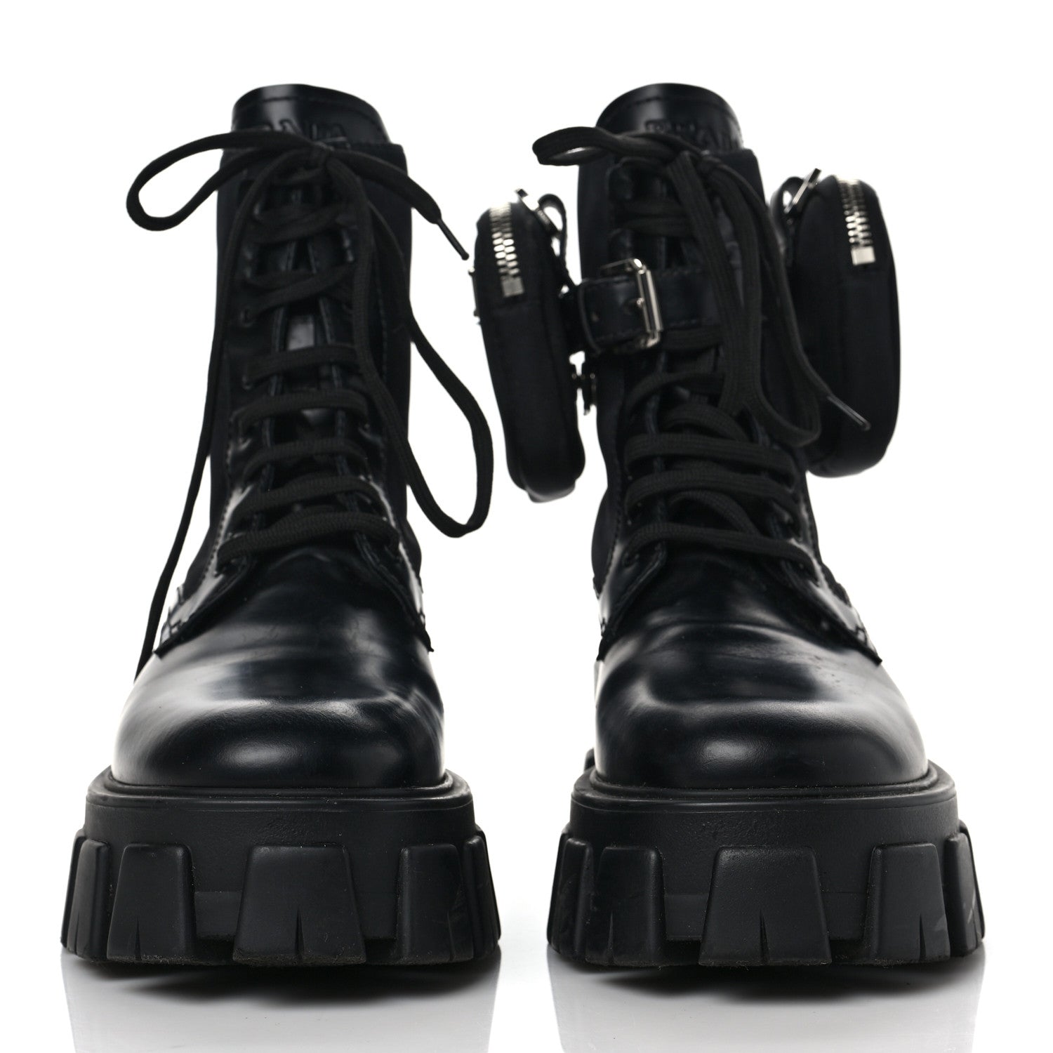 Prada Spazzolato Rois Nylon Metal Triangle Logo Monolith Pouch Pocket 55mm Boots 38.5 Black 2 of 16