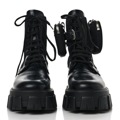 Prada Spazzolato Rois Nylon Metal Triangle Logo Monolith Pouch Pocket 55mm Boots 38.5 Black 2 of 16