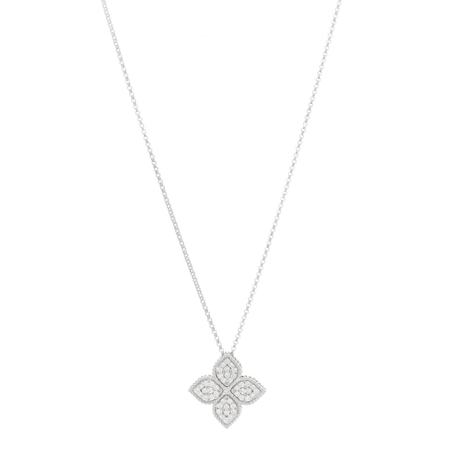 18K White Gold Diamond Large Venetian Princess Flower Pendant Necklace
