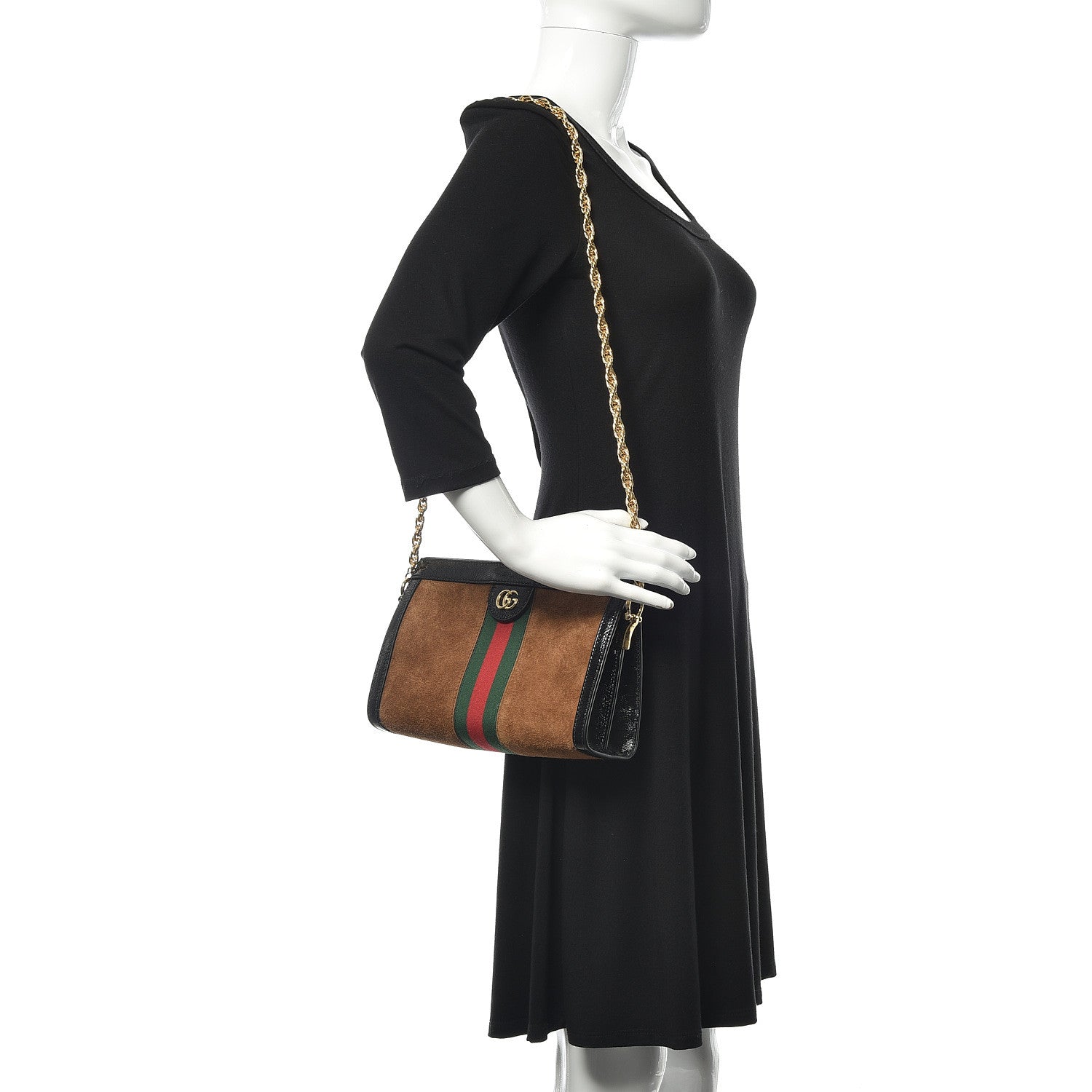 Gucci Suede Patent Web Small Ophidia Chain Shoulder Bag Nocciola Black 2 of 12