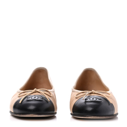 Chanel Lambskin Cap Toe CC Ballerina Flats 38 Beige Black 2 of 19