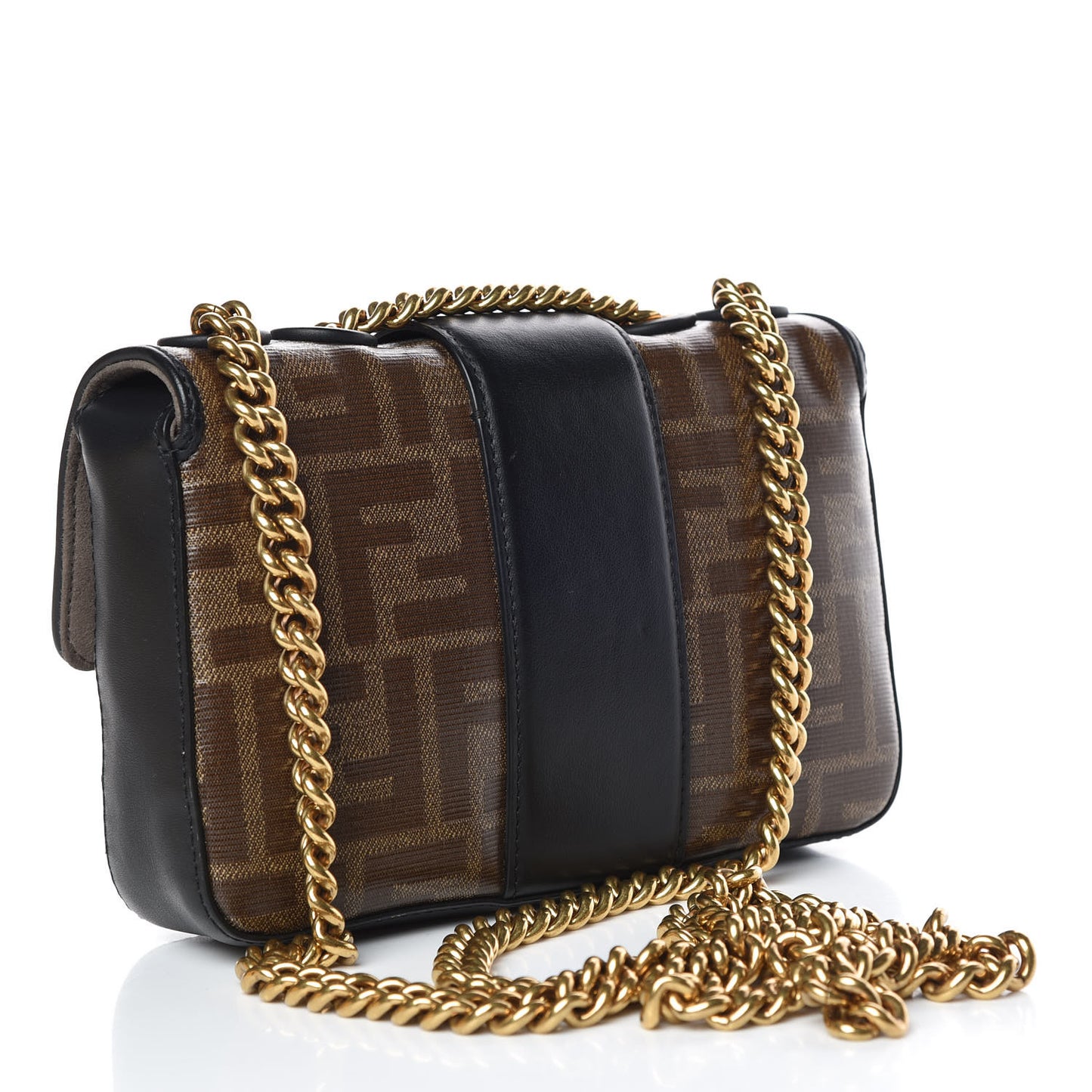 Glazed Fabric Vitello Century FF 1974 Stamp Patch Mini Double F Crossbody Bag Mogano Panna Black
