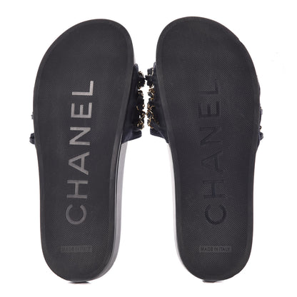 Chanel Satin Canvas Chain Flat Sandals 37 Marine 5 of 12