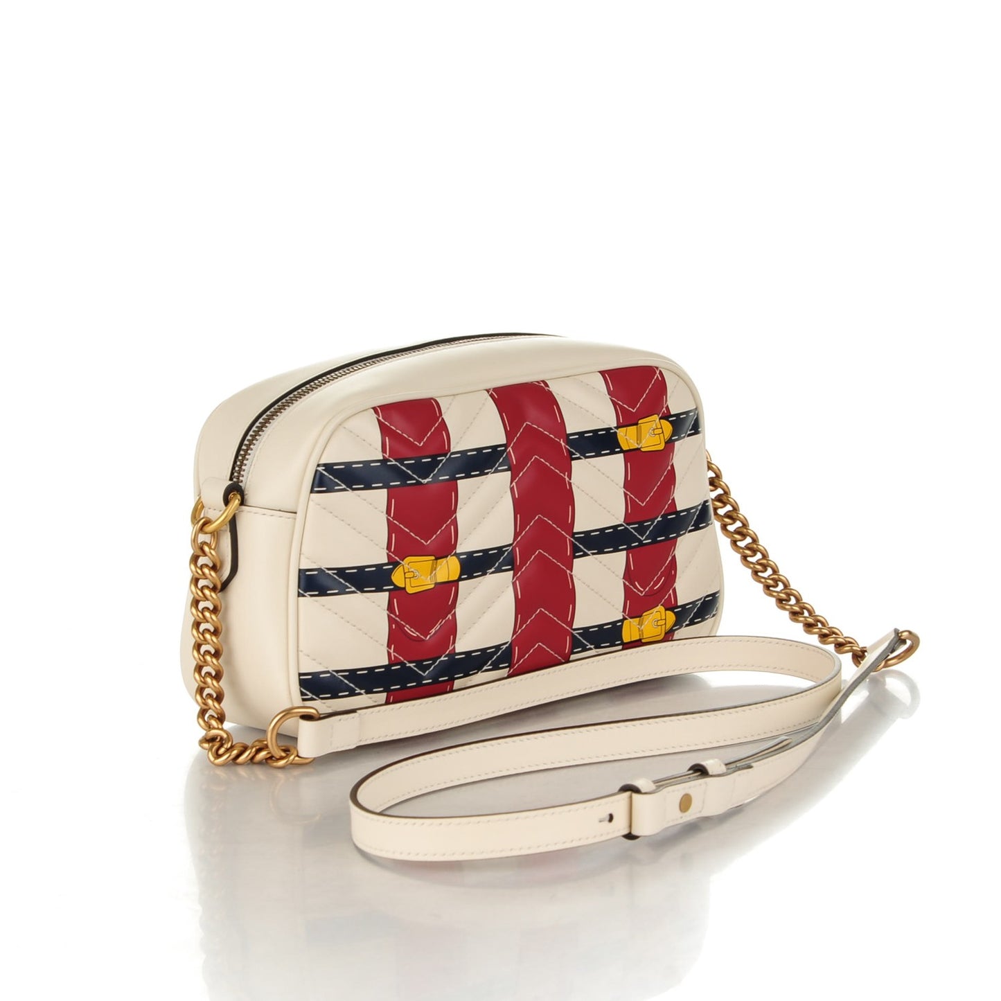 Calfskin Matelasse Trompe L'Oeil Print Small GG Marmont Chain Shoulder Bag White