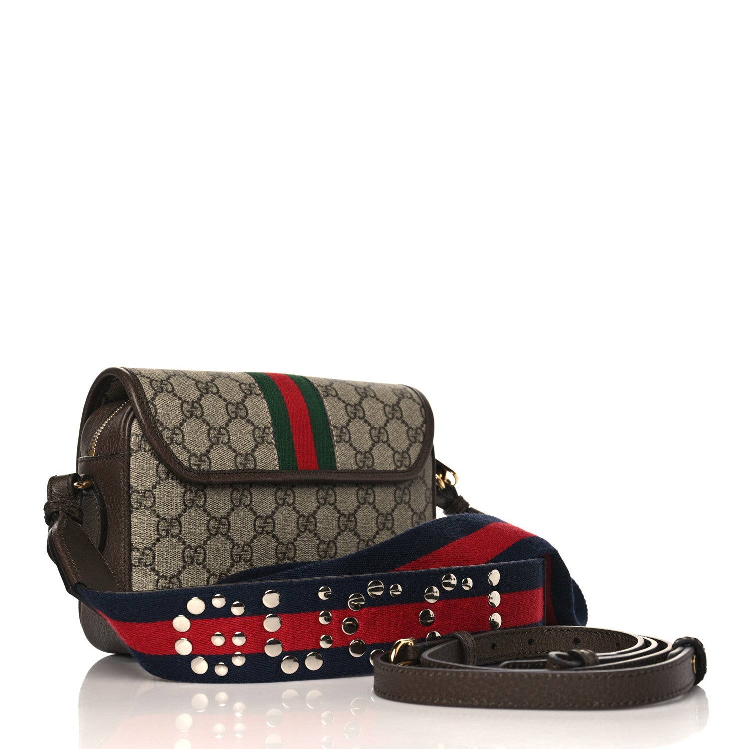 Gucci GG Supreme Monogram Textured Dollar Calfskin Web Studded Mini Ophidia Flap Shoulder Bag Beige Ebony New Acero 2 of 8