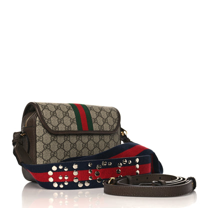 Gucci GG Supreme Monogram Textured Dollar Calfskin Web Studded Mini Ophidia Flap Shoulder Bag Beige Ebony New Acero 2 of 8