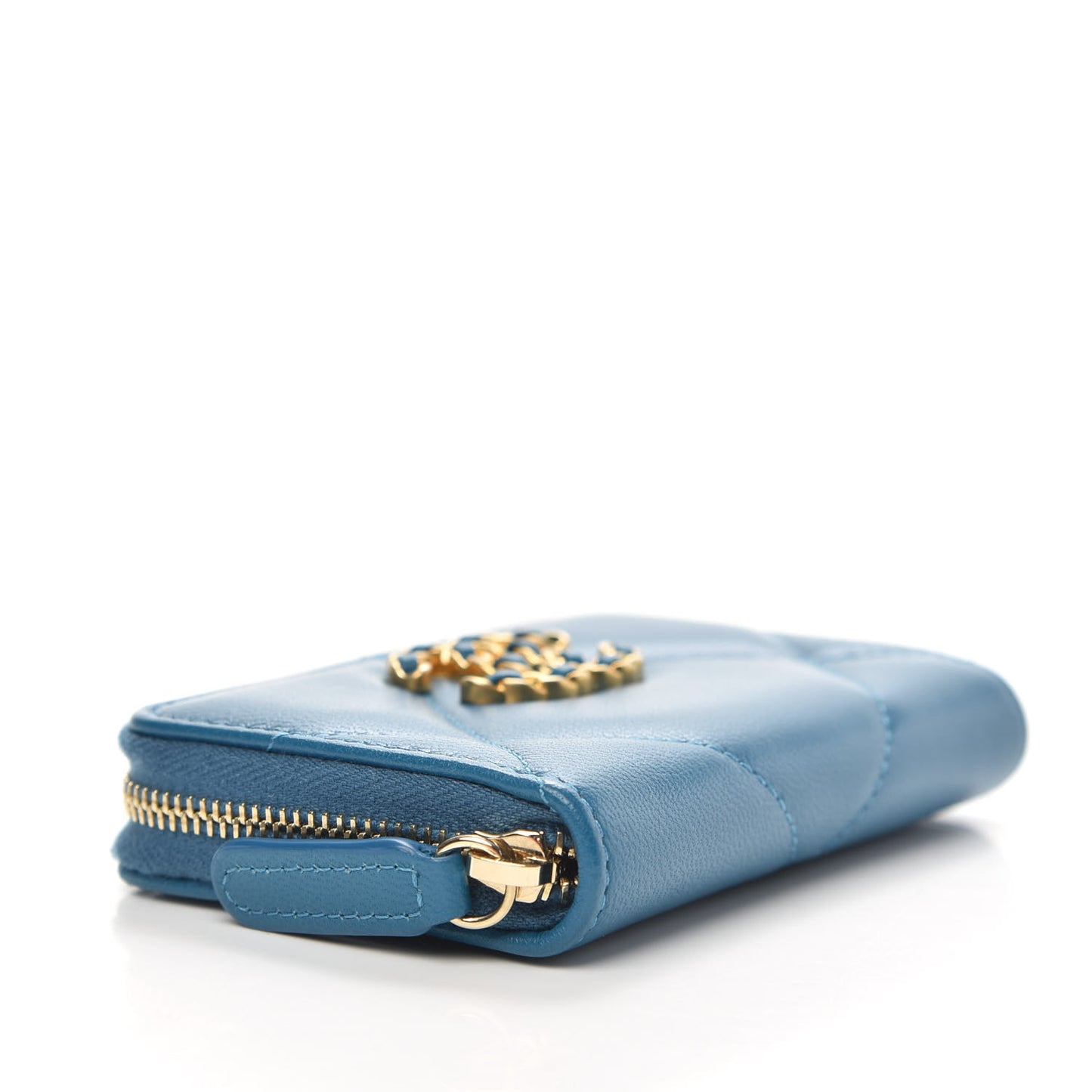 Goatskin Quilted Chanel 19 Zip Around Coin Purse Wallet Turquoise