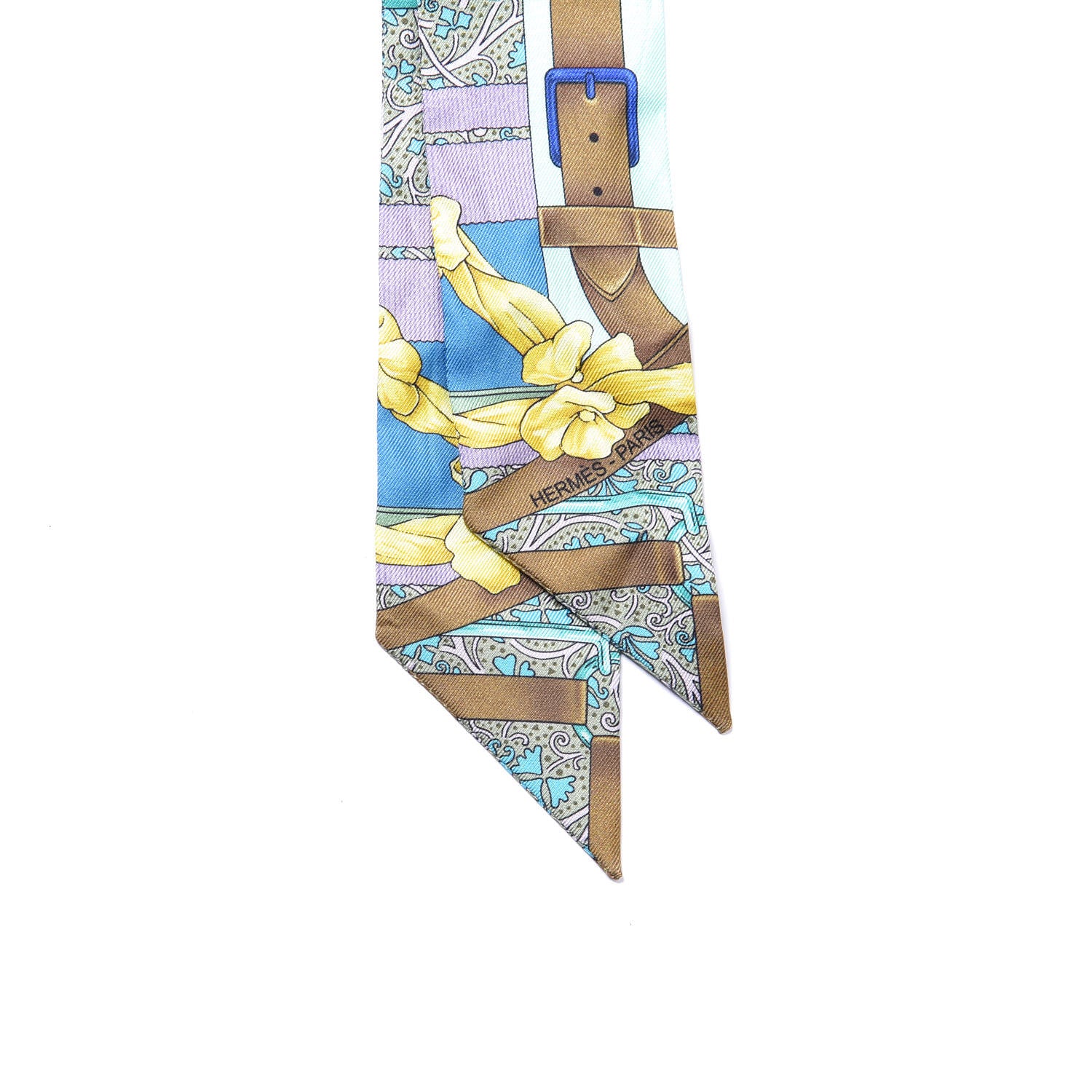 Hermes Silk Grand Manege Fleuri Twilly Cobalt Turquoise Jaune Vif 4 of 4