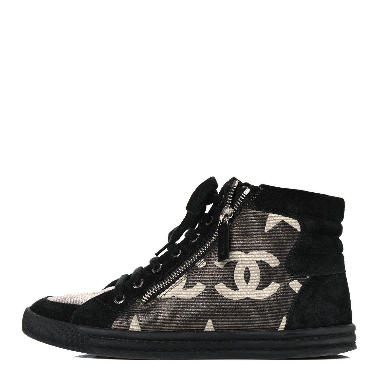 Chanel Canvas Suede CC Star Zipped High Top Sneakers 37.5 Black 1 of 16