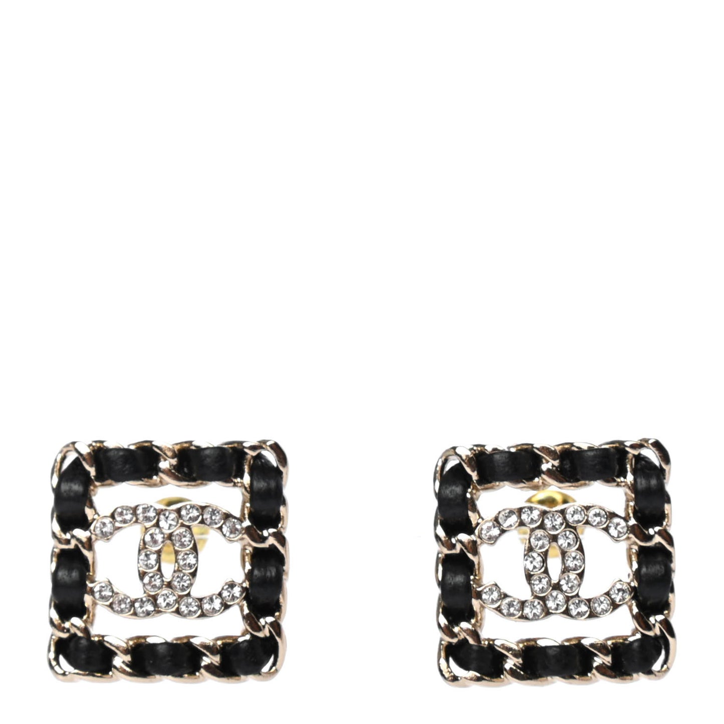Crystal Lambskin Chain Sergeant Chanel Stud Earrings Black Gold