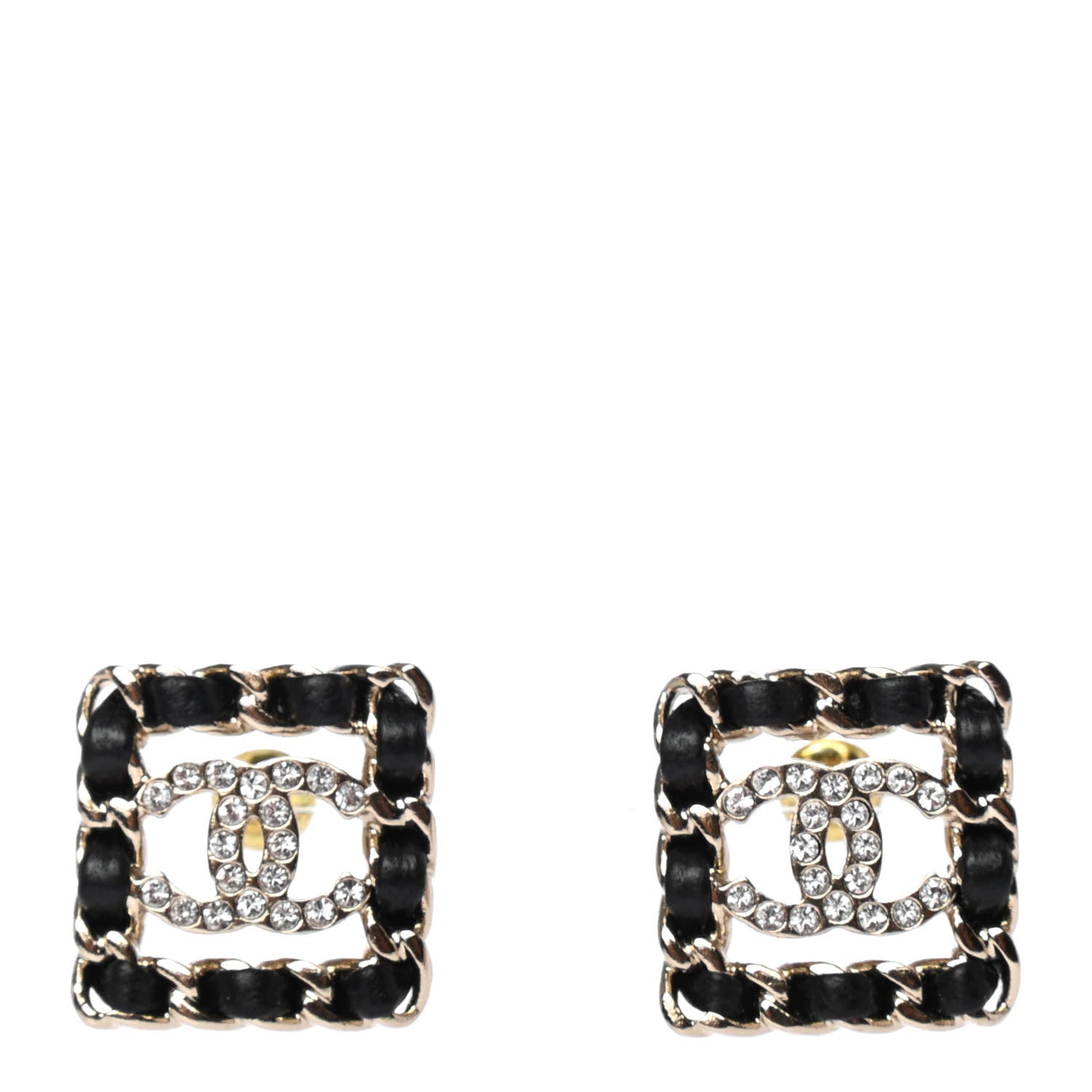 Chanel Crystal Lambskin Chain Sergeant Chanel Stud Earrings Black Gold 1 of 4