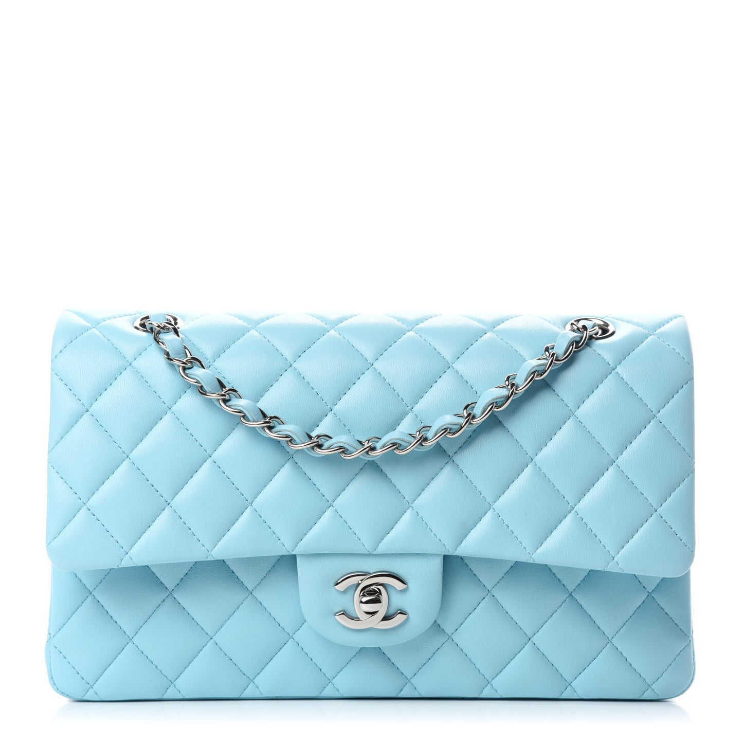 Lambskin Quilted Medium Double Flap Neon Blue