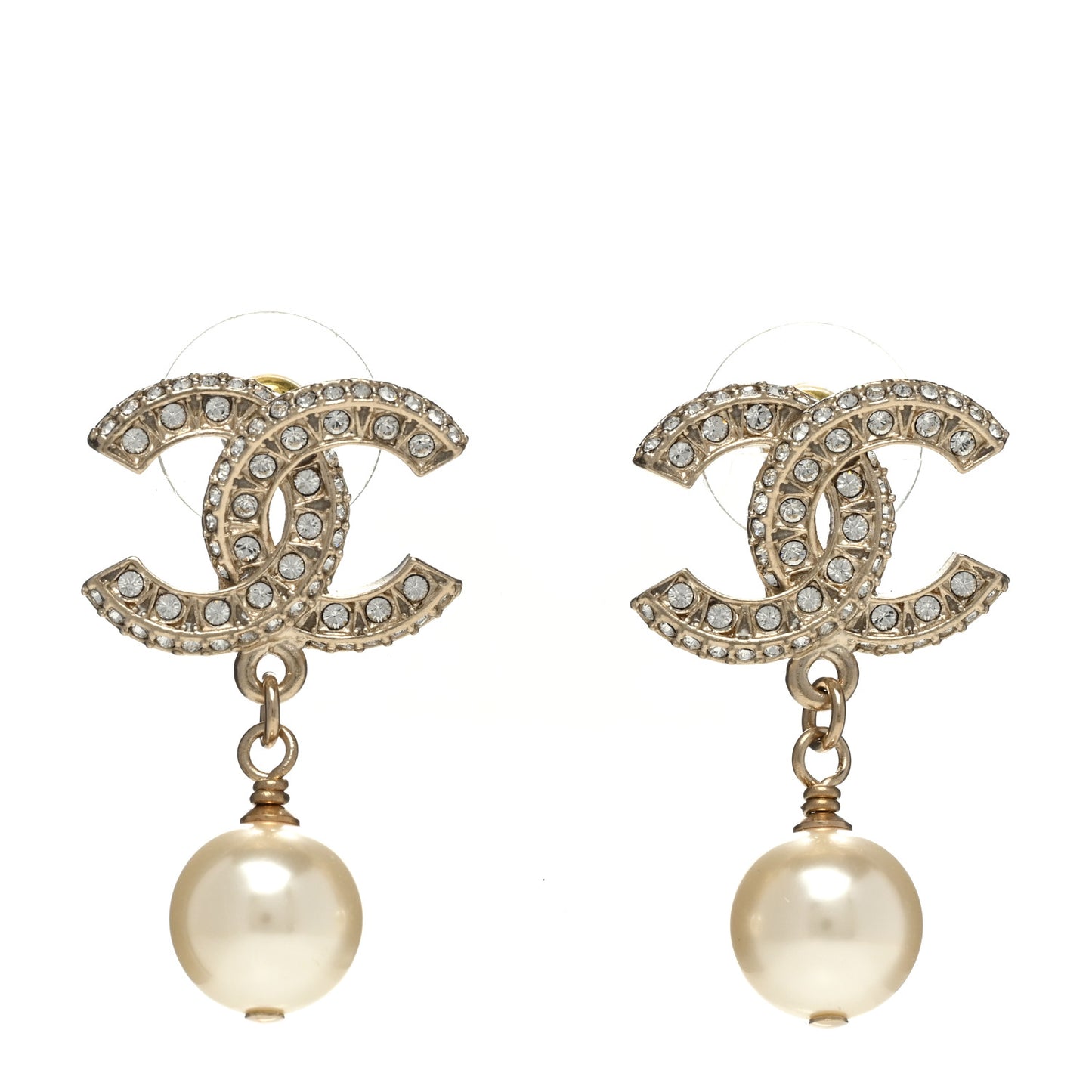 Crystal Pearl CC Drop Earrings Gold
