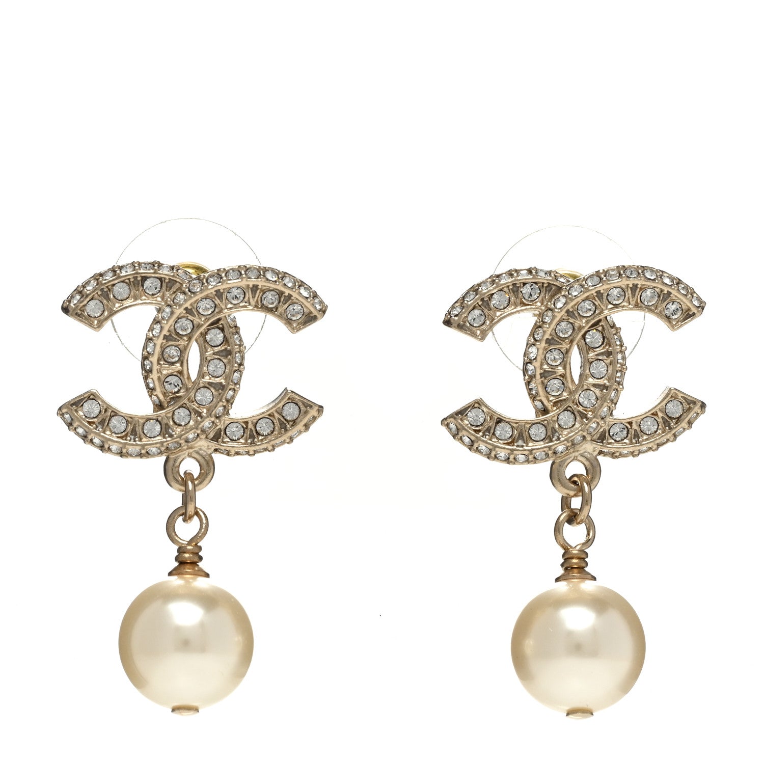 Chanel Crystal Pearl CC Drop Earrings Gold 1 of 5