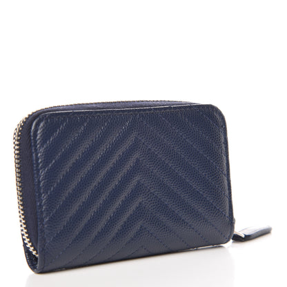 Chanel Caviar Chevron Quilted Zip Around Coin Purse Navy Blue 3 of 8