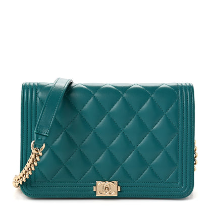 Chanel Lambskin Quilted Boy Wallet On Chain WOC Green 1 of 12