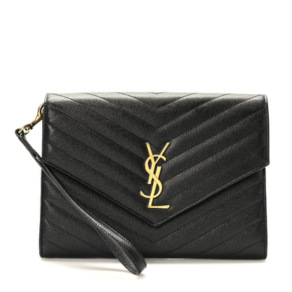 Saint Laurent Grain De Poudre Matelasse Chevron Monogram Envelope Clutch Black 1 of 8