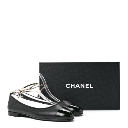 Chanel Lambskin Patent Calfskin Cap Toe Ankle Chain Ballerina Flats 38 Black 9 of 9