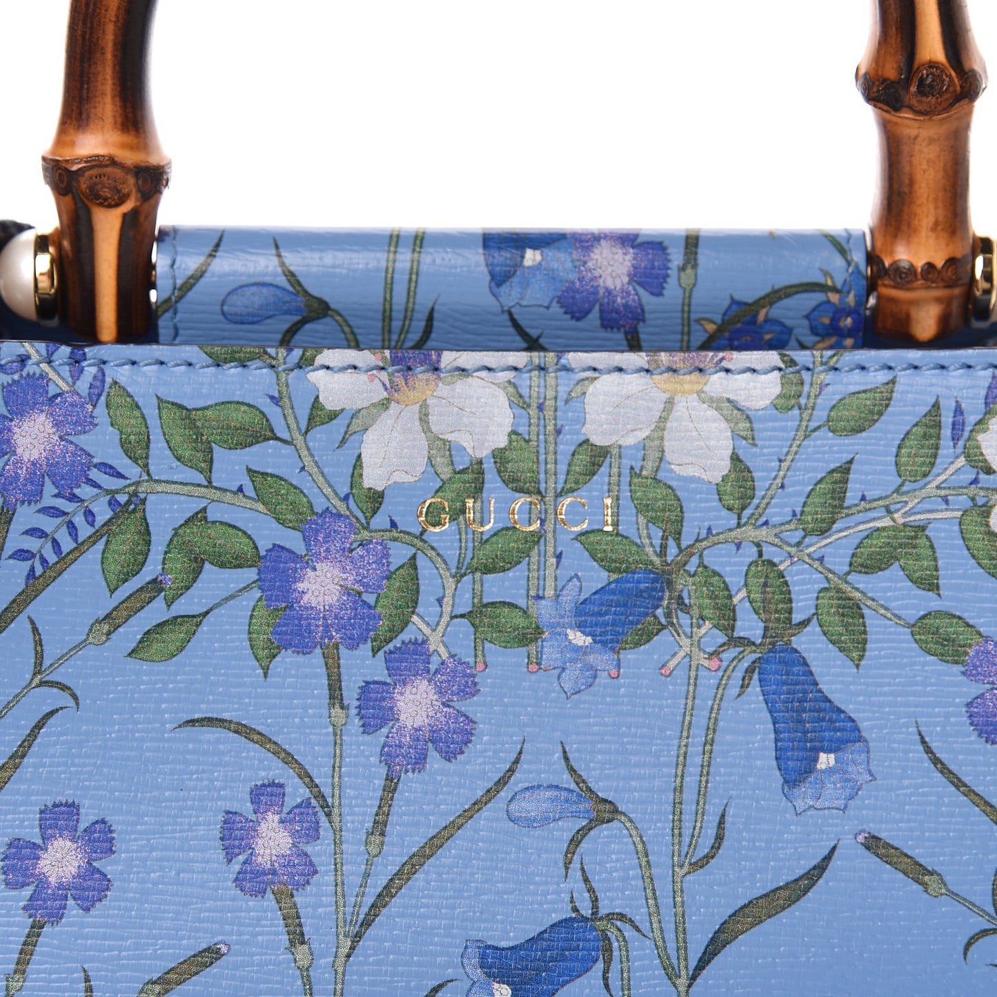 Calfskin Bamboo Web New Flora Mini Nymphaea Top Handle Bag Azure