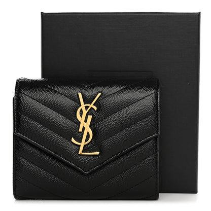Saint Laurent Grain De Poudre Matelasse Chevron Monogram Compact Tri Fold Wallet Black 10 of 10