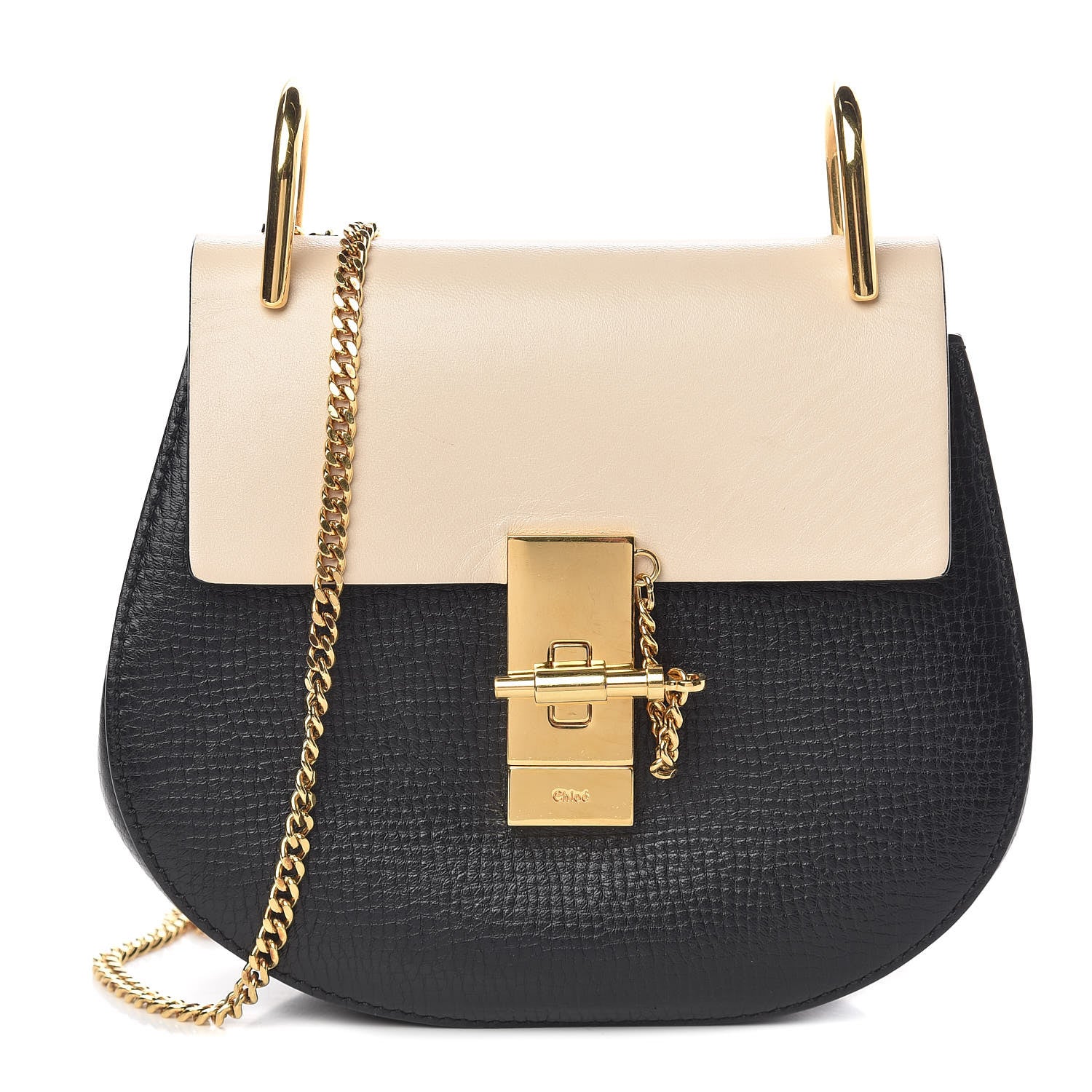 Chloe Grained Calfskin Lambskin Mini Bi-Color Drew Shoulder Bag Black Powder Beige 1 of 10