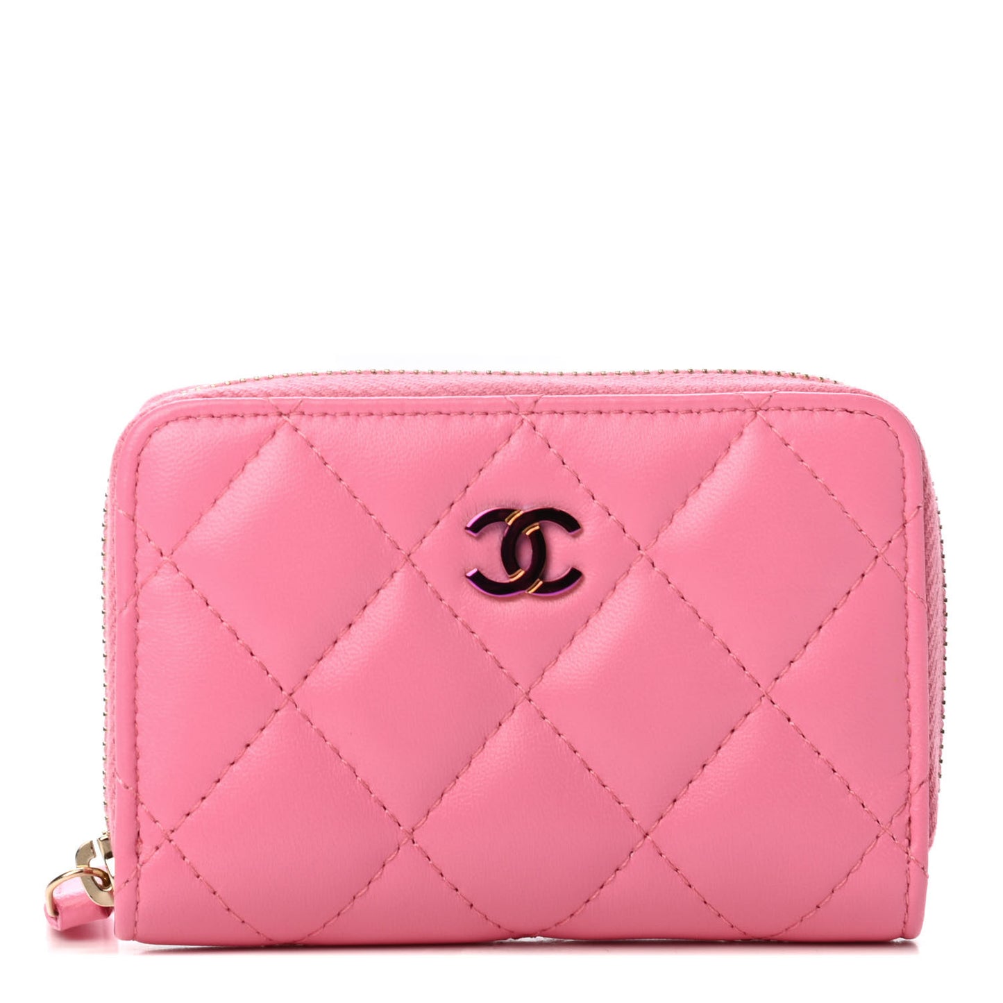 Lambskin Quilted Zip Around Coin Purse Wallet Pink Yellow