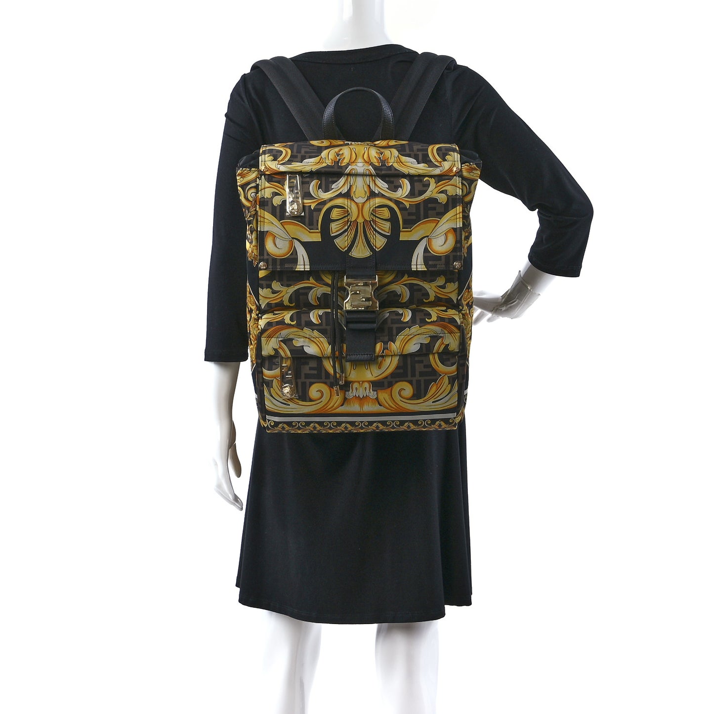 X VERSACE Silk Vitello Fendace FF Baroque Backpack Tobacco Black Gold