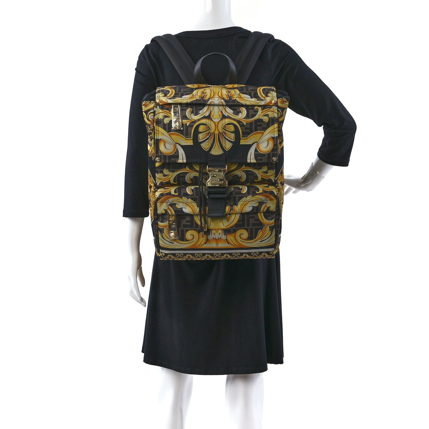 Fendi X VERSACE Silk Vitello Fendace FF Baroque Backpack Tobacco Black Gold 2 of 8