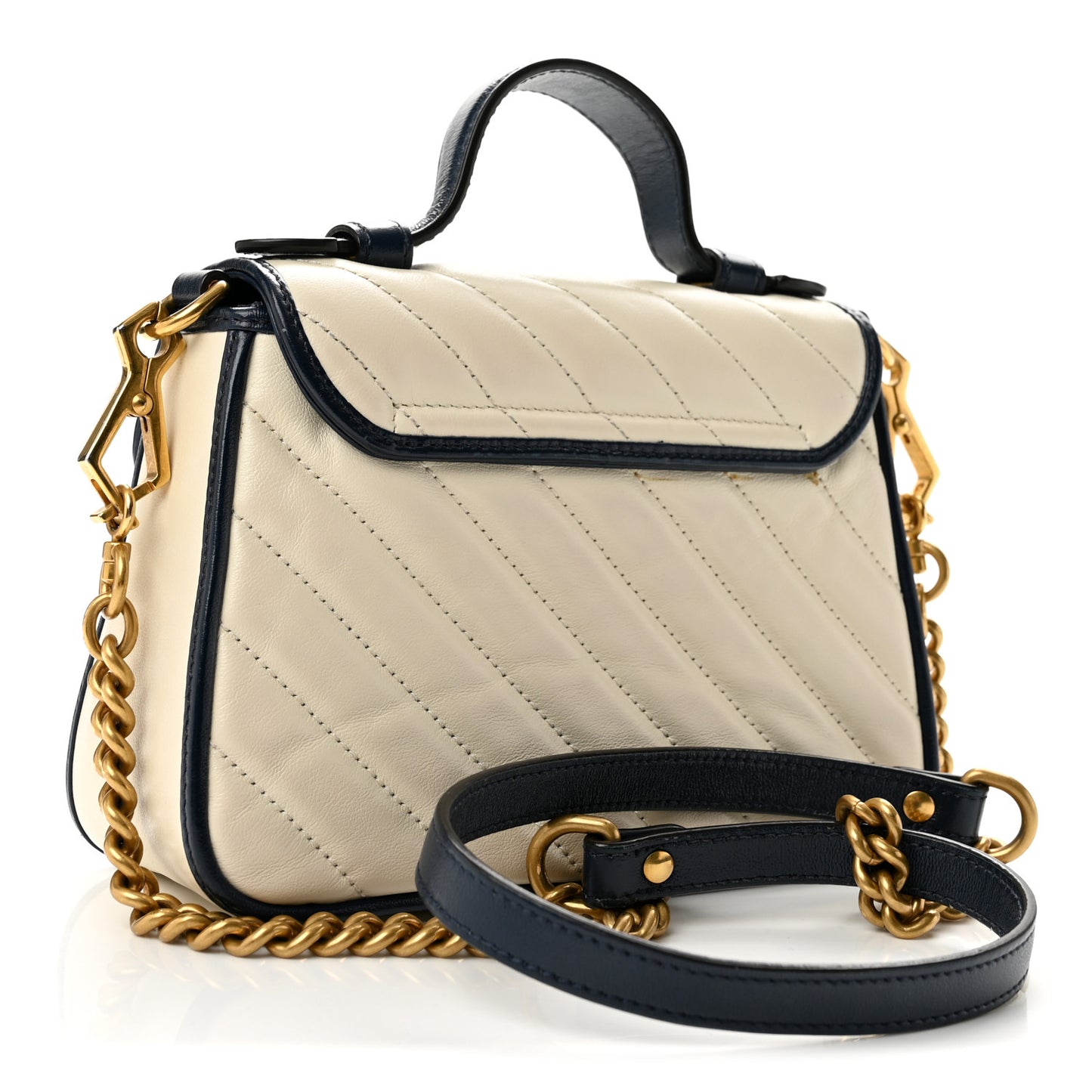 Vintage Effect Calfskin Matelasse Diagonal Mini Torchon GG Marmont Top Handle Shoulder Bag Mystic White Blue Agata
