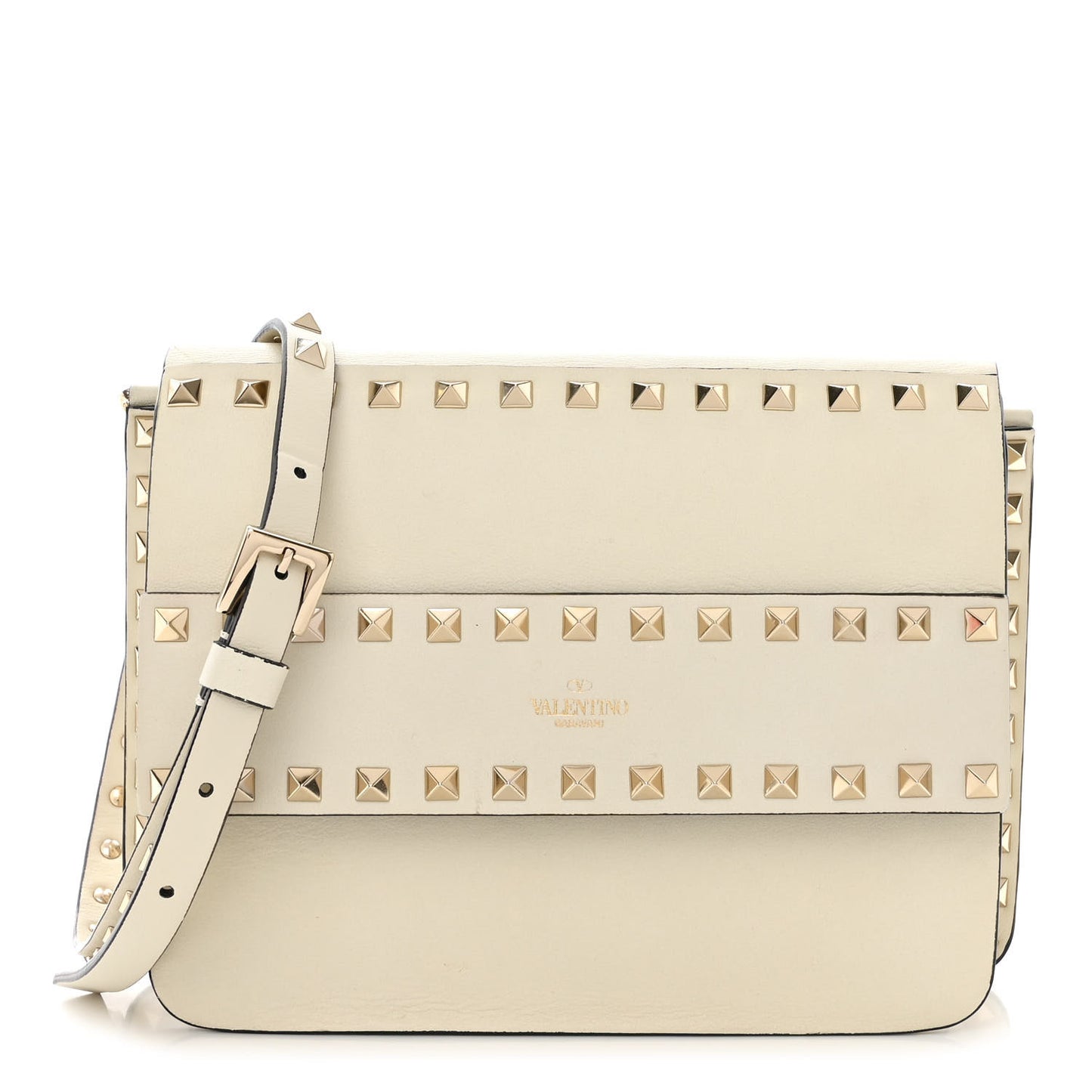 Grained Calfskin Small Rockstud Flap Crossbody Bag Light Ivory