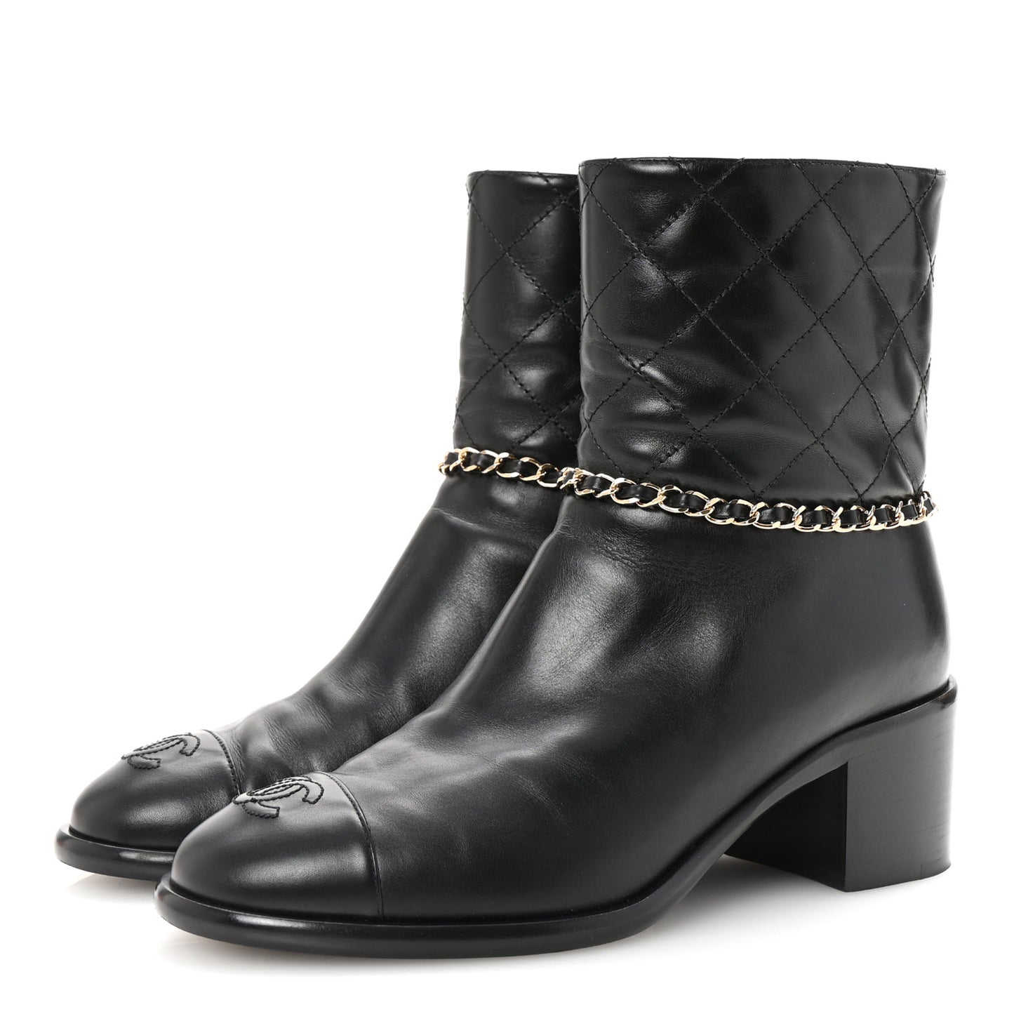 Calfskin Chain CC Cap Toe Short Boots 37.5 Black