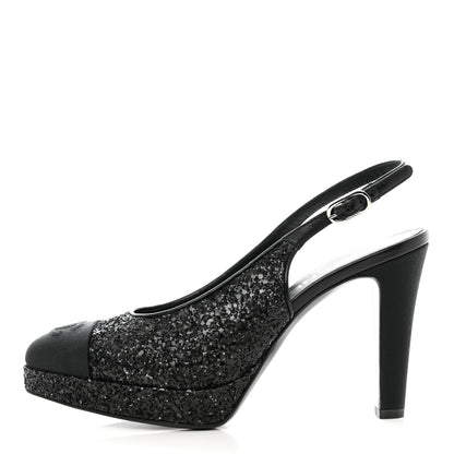 Chanel Glitter Grosgrain Cap Toe CC Slingback Pumps 37.5 Black 1 of 9