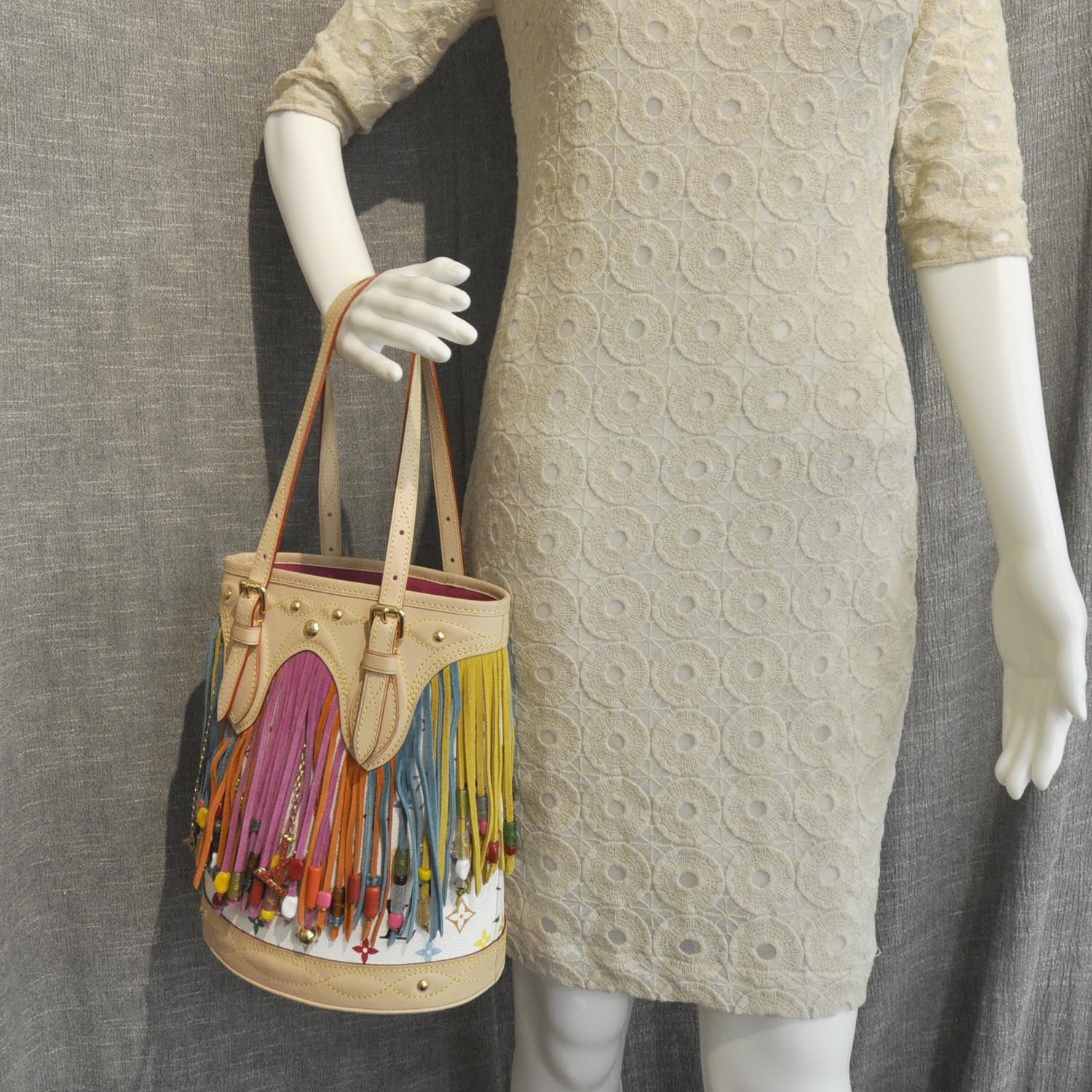 Louis Vuitton Monogram Multicolor Fringe Bucket White 2 of 7