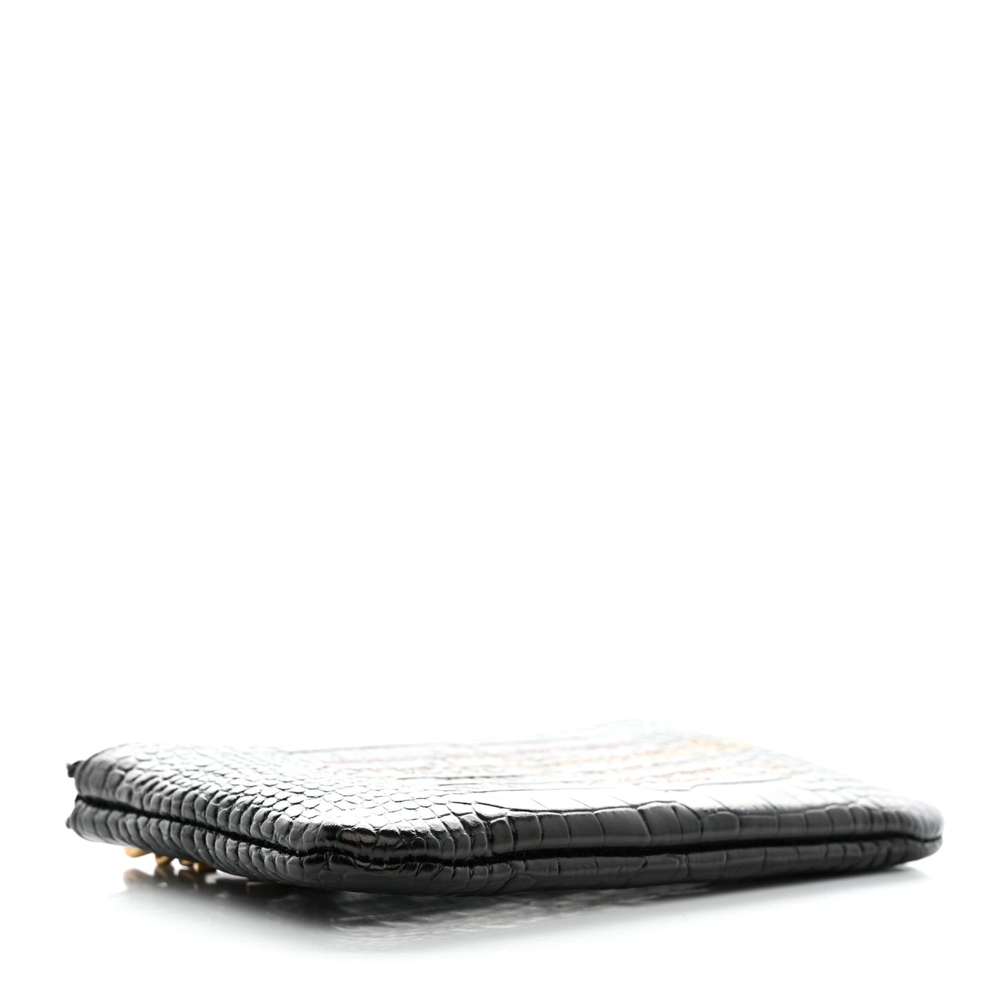 Calfskin Crocodile Embossed Mademoiselle Gabrielle Signature Pouch Black Gold