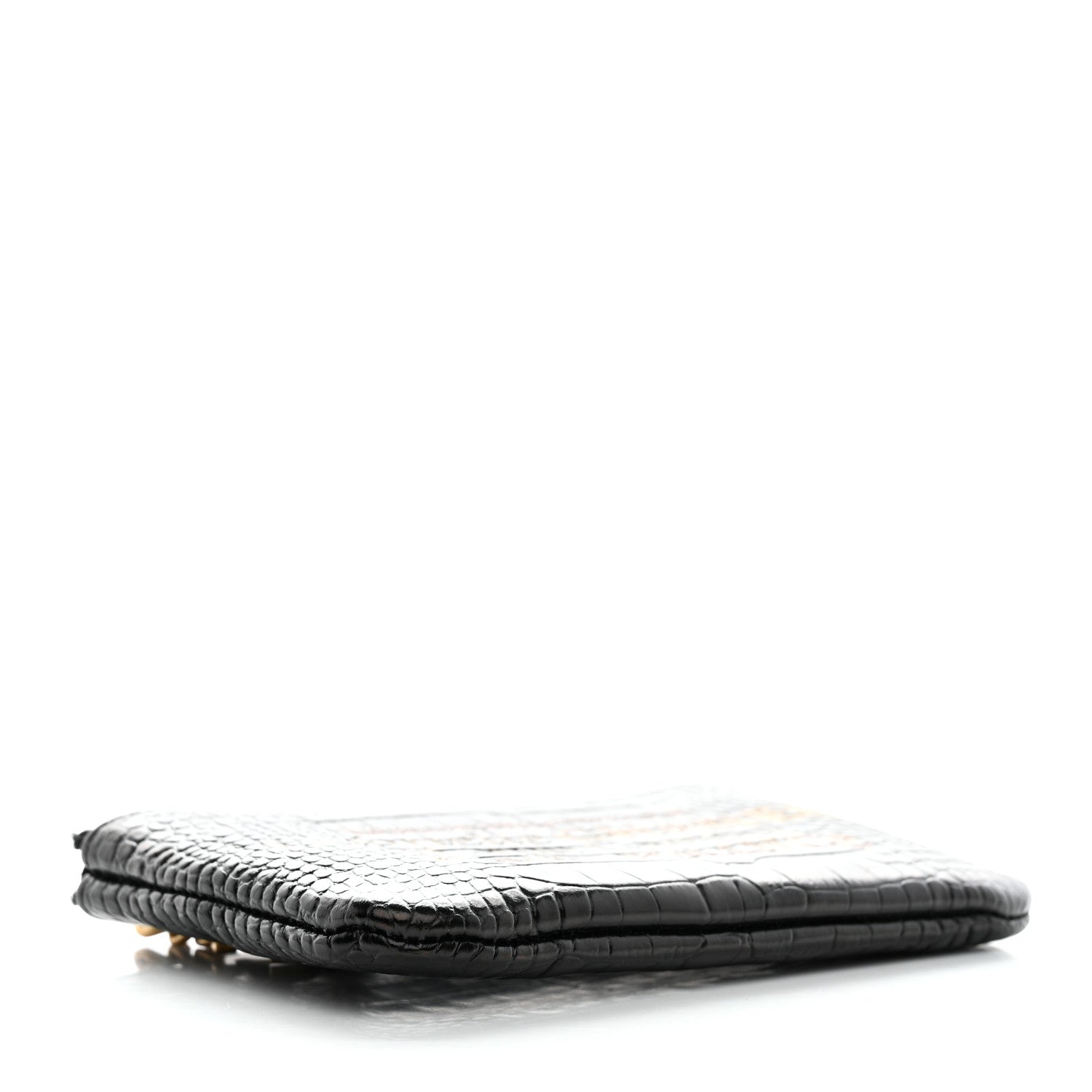 Chanel Calfskin Crocodile Embossed Mademoiselle Gabrielle Signature Pouch Black Gold 4 of 7