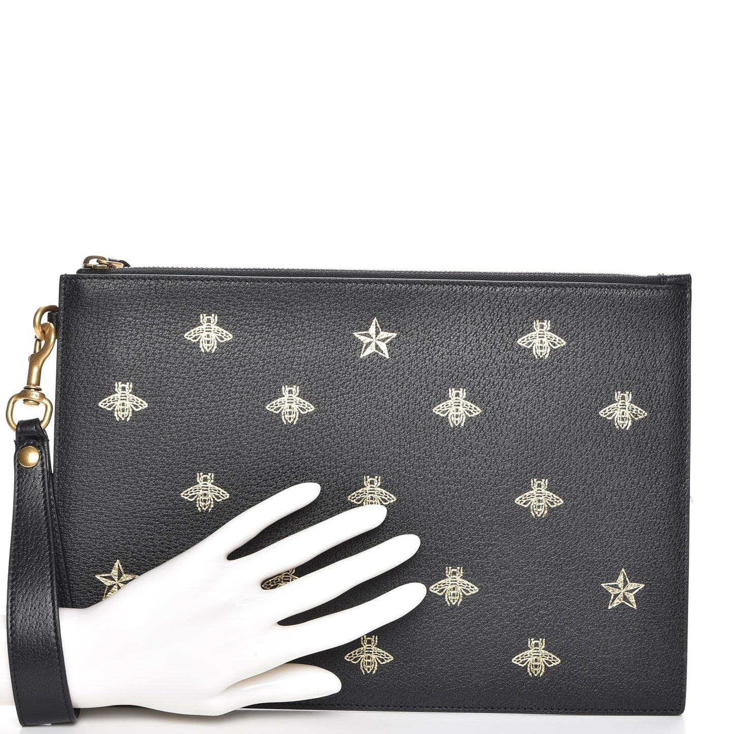 Dollar Calfskin Boar Effect Bee Star Zip Wristlet Pouch Black