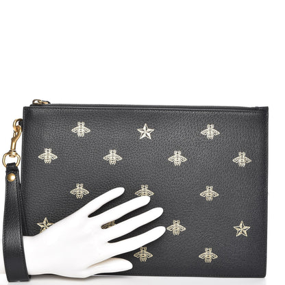 Gucci Dollar Calfskin Boar Effect Bee Star Zip Wristlet Pouch Black 2 of 7