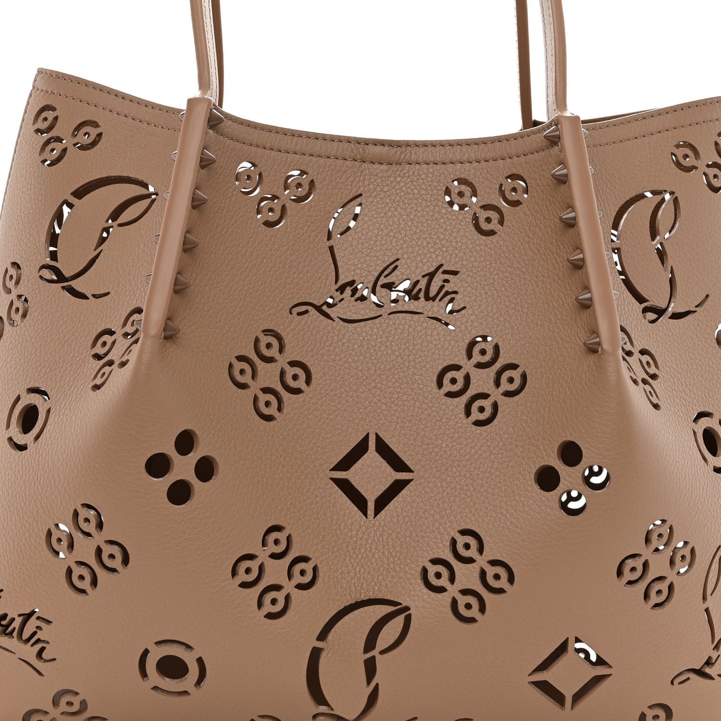 Calfskin Perforated Loubinthesky Small Cabarock Spikes Tote Beige