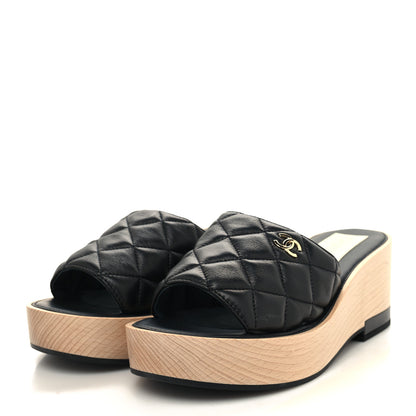 Chanel Lambskin Quilted CC Wedge Sandals 39 Black 3 of 9